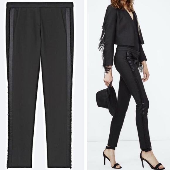 Maje Pauline SatinTuxedo Stripe Fringe Trim Black Low Rise Pants 40 L 10/12 - Picture 2 of 10